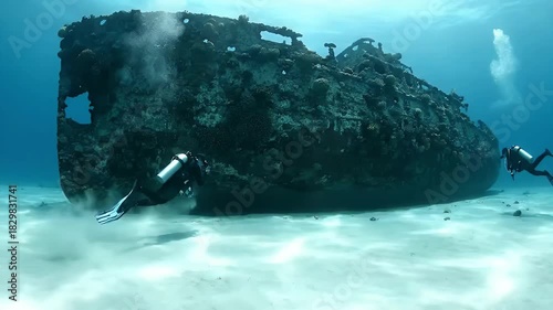 Ancient Sunken Shipwreck With Divers Exploring Marine Life Underwater