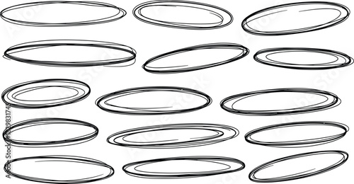 Hand-drawn ellipse sketch collection, freehand shape practice set, drawing technique icons, black white vector, cad drawing flat vector illustration