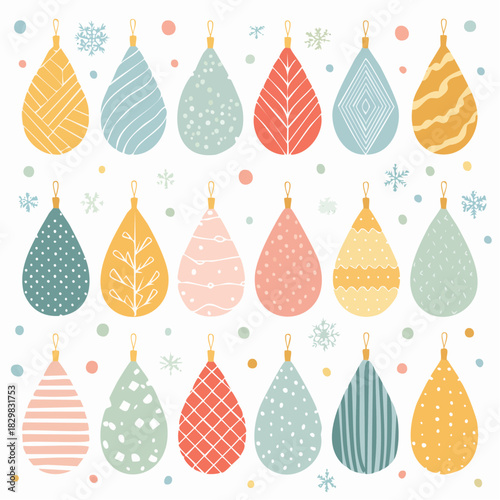 Christmas ornaments set. Colorful teardrop shaped decorations. Various patterns. White background. Vector illustration.