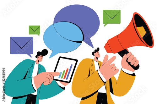 Professional businessmen executing a multi-channel digital marketing strategy, analyzing performance data on a tablet while making a promotional public announcement via a megaphone, demonstrating effe