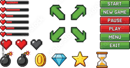 Pixel game UI element set, retro health bar and icon collection, black white vector, cad drawing flat vector illustration
