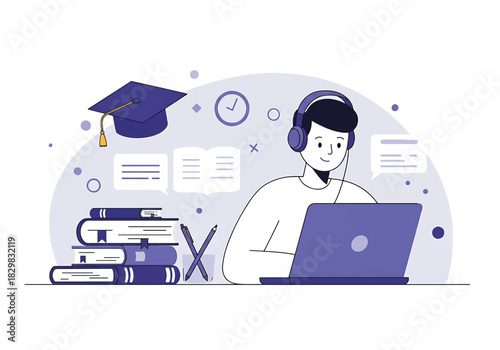 Online learning and education concept with student using laptop and wearing headphones