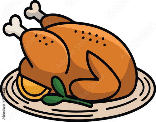 Cartoon Roasted Turkey on a Platter with Lemon and Parsley Garnish