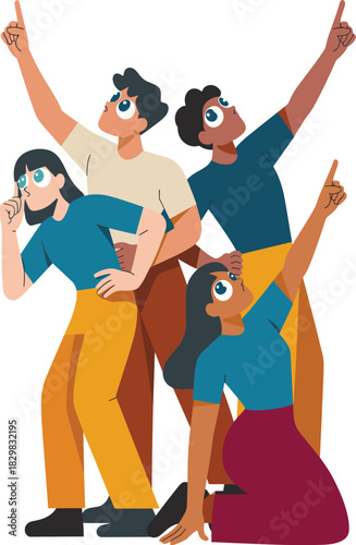 Diverse team of professional adults pointing towards a shared vision, symbolizing future direction, ambitious goals, strategic development, and collaborative innovation, rendered in a modern flat vect