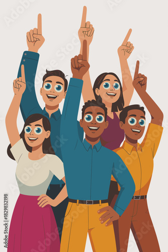 Diverse multi-ethnic team of smiling professional employees showing enthusiastic support and agreement, raising hands and index fingers pointing upward to symbolize teamwork, achievement, victory, and