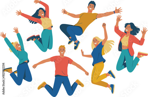 Energetic diverse group of young adults and friends jumping mid-air celebrating collective success, joy, and achievement in a vibrant, colorful flat design illustration, symbolizing teamwork, vitality