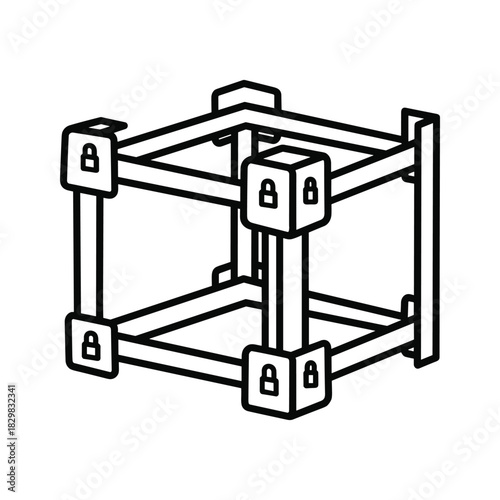Line art icon of a three dimensional cube frame structure with corner connection blocks, isolated on