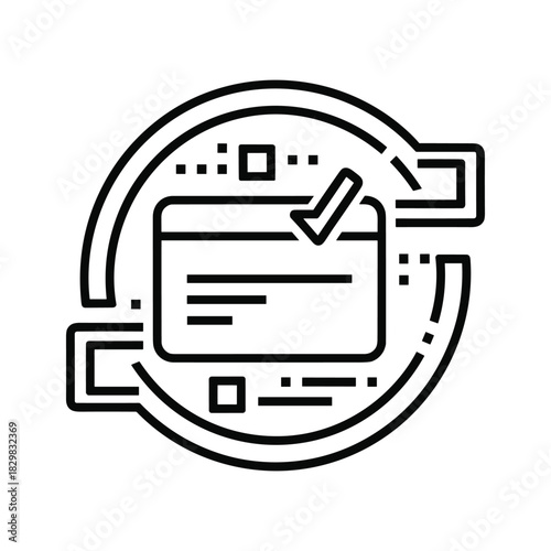 Line icon representing secure payment processing or verified credit card transaction with checkmark inside circular arrows