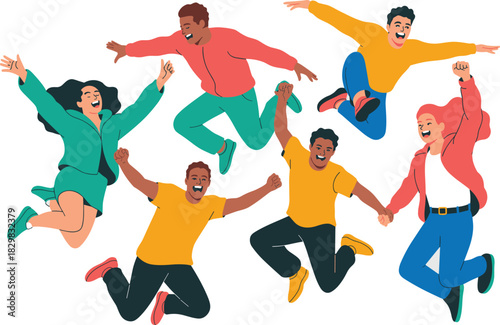 Energetic diverse group of six young business adults and cheerful friends jumping high in the air, celebrating success, victory, and achievement, illustrating collaboration, inclusion, and motivation