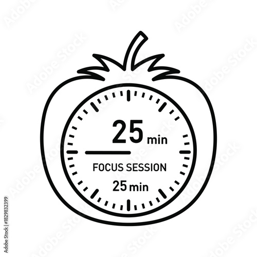 Black and white line icon representing a tomato timer for a 25 minute focus session, pomodoro technique concept isolated on