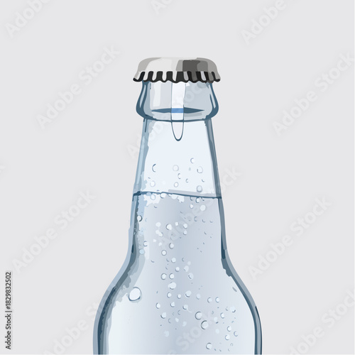 Clear Glass Bottle With Metal Cap and Bubbles Filled With Refreshing Water Isolated on a Light Gray Background Simple Beverage Concept Studio Shot