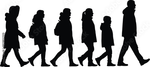 Walking silhouette figure set, human growth progression, age timeline icons, black white vector graphic, cad drawing flat vector illustration