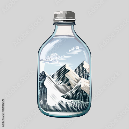 A Clear Glass Bottle Captures a Miniature Snowy Mountain Landscape with Wispy Clouds Under a Bright Sky a Captivating Conceptual Scene Symbolizing Nature's Beauty Preserved