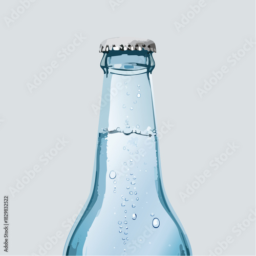 Clear Glass Bottle With Silver Cap Filled With Sparkling Water and Bubbles Against a Light Gray Background With Studio Lighting