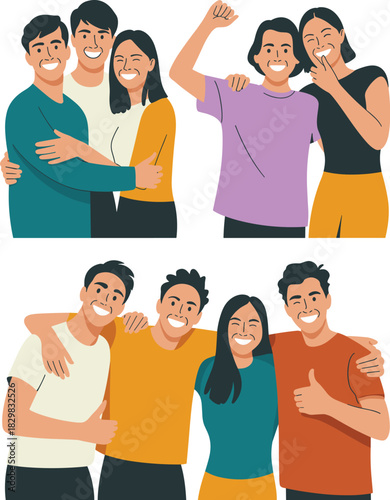 Diverse group of smiling young friends hugging and celebrating happiness, success, and connection together in a modern, joyful, flat design vector illustration used for lifestyle marketing, teamwork,