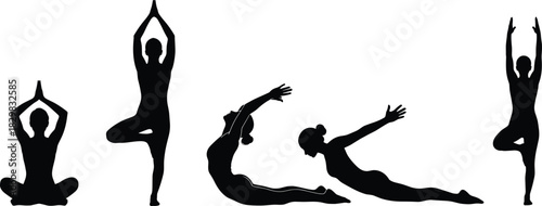 Yoga pose silhouette collection, mindful movement icons, flexibility and balance postures, black white vector set, cad drawing flat vector illustration