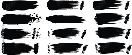 Set of grunge ink brush strokes with rough textured edges, splatter accents, and bold paint smears for digital artwork, posters, backgrounds, and design projects