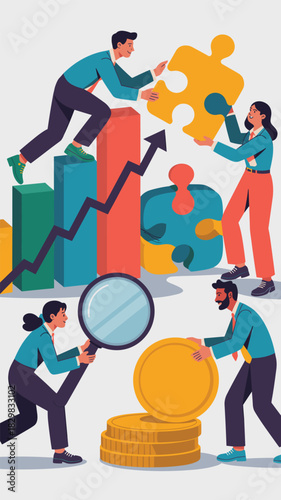 Dynamic business team collaborating on financial growth strategy, professionals climbing the bar chart metrics line and solving crucial puzzle pieces, representing successful investment and detailed p