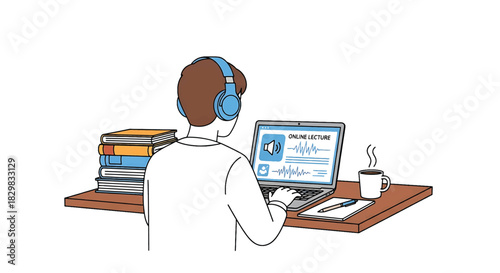 Student learning online with laptop and headphones, surrounded by books and coffee