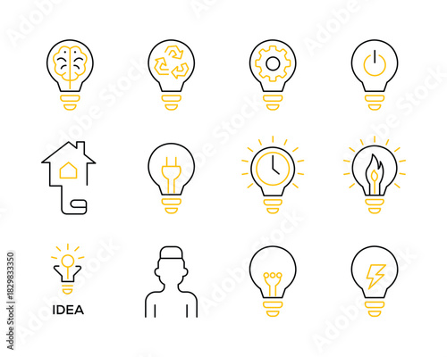 Collection of diverse light bulb icons representing ideas and concepts
