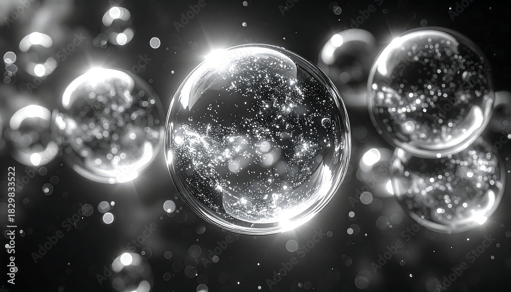 Fototapeta premium Monochrome image of floating, luminous orbs with sparkling, abstract interior texture, reflecting surrounding light
