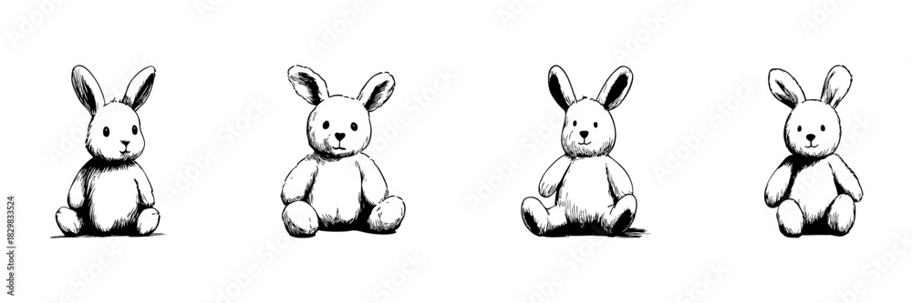Obraz premium Cute Bunny Plush Toy Doodle Sketch Set. Adorable Stuffed Animal Illustrations In Hand Drawn Style Collection. Perfect For Children Decor And Toy Design. Isolated Vector Illustration