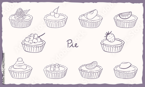 Mini fruit pie doodle hand drawn sketch illustration set
