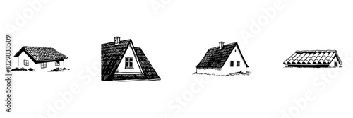 Charming Cottage And House Doodle Sketch Set. Rustic Architecture And Traditional Home Designs In Hand Drawn Style Collection. Quaint And Cozy Living Spaces. Hand Drawn Isolated Vector Illustration