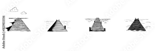 Wooden Pier Doodle Sketch Set. Tranquil Lakeside And Oceanfront Views In Hand Drawn Style Collection. Serene Nature And Relaxation Themes. Isolated Vector Illustration