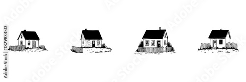 Charming Cottage Houses Doodle Sketch Set. Rural Living And Cozy Home Concepts In Hand Drawn Style Collection. Quaint Architecture And Countryside Aesthetic. Hand Drawn Isolated Vector Illustration