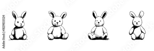 Cute Bunny Plush Toy Doodle Sketch Set. Adorable Stuffed Animal Illustrations In Hand Drawn Style Collection. Perfect For Children Decor And Toy Design. Isolated Vector Illustration