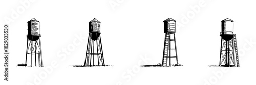 Water Tower Doodle Sketch Set. Industrial Water Storage And Supply Infrastructure In Hand Drawn Style Collection. Vintage Urban Architecture. Isolated Vector Illustration