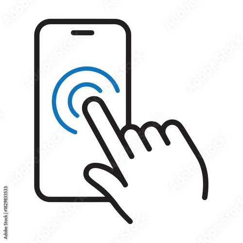 Smartphone touch screen interaction icon with finger tap and gesture waves
