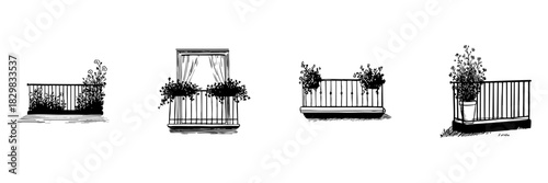 Balcony Railings With Plants Doodle Sketch Set. Urban Gardening And Outdoor Decor In Hand Drawn Style Collection. Architectural Elements And Greenery. Isolated Vector Illustration