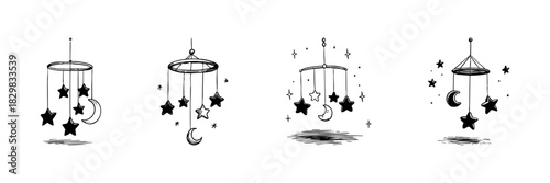 Baby Mobile With Stars And Moon Doodle Sketch Set. Nursery Decor And Sleep Aid In Hand Drawn Style Collection. Celestial Theme For Baby Room. Hand Drawn Isolated Vector Illustration