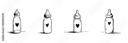 Baby Bottle With Heart Doodle Sketch Set. Infant Feeding, Love, And Care Symbol In Hand Drawn Style Collection. Parenting And Nurturing Concept. Hand Drawn Isolated Vector Illustration