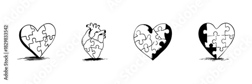Heart And Puzzle Piece Doodle Sketch Set. Emotional Complexity And Relationship Dynamics In Hand Drawn Style Collection. Symbolizing Love, Connection, And Healing. Isolated Vector Illustration