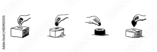 Hand Dropping Coins And Heart Into Donation Boxes Doodle Sketch Set. Charitable Giving And Philanthropy In Hand Drawn Style Collection. Symbolizing Generosity And Support. Isolated Vector Illustration