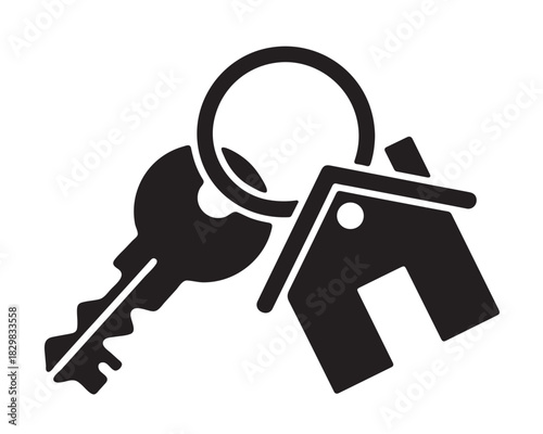 House key with a house-shaped keychain on a white background.