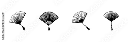 Traditional Hand Fan Doodle Sketch Set. Cultural Elegance And Cooling Accessory In Hand Drawn Style Collection. Vintage Asian Design With Tassels. Isolated Vector Illustration