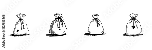 Four Money Bags Doodle Sketch Set. Financial Savings, Wealth Accumulation, And Prosperity Symbols In Hand Drawn Style Collection. Economic Growth And Investment. Isolated Vector Illustration