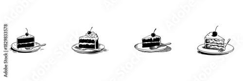 Cake Slice With Cherry Doodle Sketch Set. Dessert Illustration Featuring Cake Slices With Cherries And Forks In Hand Drawn Style Collection. Sweet Treats And Bakery Art. Isolated Vector Illustration