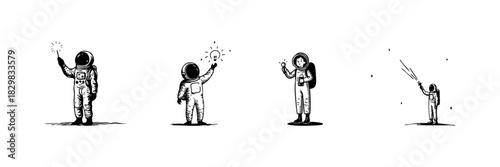 Astronauts Exploring Space Doodle Sketch Set. Cosmic Discovery, Innovation, And Exploration In Hand Drawn Style Collection. Creative Space Adventure. Hand Drawn Isolated Vector Illustration