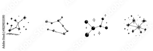 Constellation And Molecular Structure Doodle Sketch Set. Astronomy And Chemistry Concepts In Hand Drawn Style Collection. Celestial Patterns And Atomic Connections. Isolated Vector Illustration