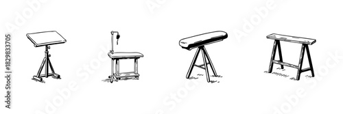 Adjustable Workbenches And Stands Doodle Sketch Set. Versatile Furniture For Workshops And Studios In Hand Drawn Style Collection. Industrial And Creative Workspace. Isolated Vector Illustration