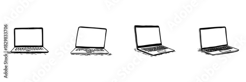 Laptops Doodle Sketch Set. Digital Technology And Remote Work Essentials In Hand Drawn Style Collection. Versatile Devices For Business And Education. Hand Drawn Isolated Vector Illustration