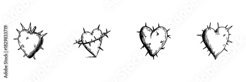 Heart With Thorns Doodle Sketch Set. Symbol Of Love, Pain, And Emotional Complexity In Hand Drawn Style Collection. Romantic And Artistic Expression. Isolated Vector Illustration