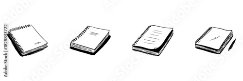 Spiral Notebooks And Pen Doodle Sketch Set. Stationery And Writing Tools In Hand Drawn Style Collection. Ideal For Note-Taking, Journaling, And Office Supplies. Isolated Vector Illustration