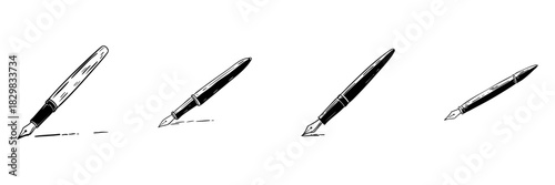 Fountain Pen Doodle Sketch Set. Classic Writing Instrument And Calligraphy Tool In Hand Drawn Style Collection. Artistic Expression And Creativity. Isolated Vector Illustration