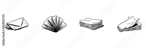 Envelopes And Paper Doodle Sketch Set. Communication, Organization, And Stationery Essentials In Hand Drawn Style Collection. Office Supplies And Correspondence Tools. Isolated Vector Illustration